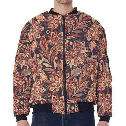 Brown Floral Bohemian Pattern Print Zip Sleeve Bomber Jacket