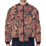 Brown Floral Bohemian Pattern Print Zip Sleeve Bomber Jacket