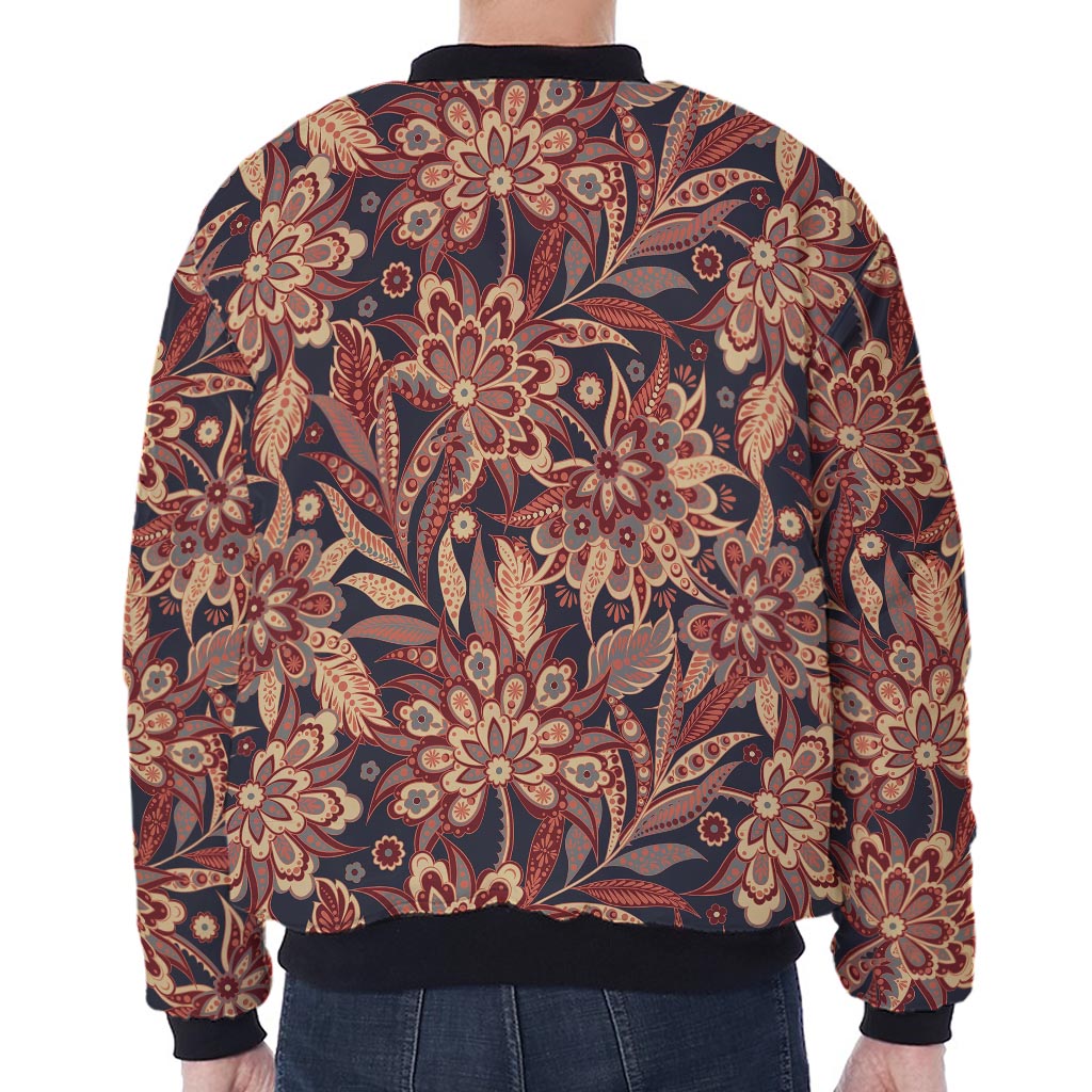 Brown Floral Bohemian Pattern Print Zip Sleeve Bomber Jacket