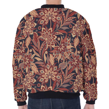 Brown Floral Bohemian Pattern Print Zip Sleeve Bomber Jacket