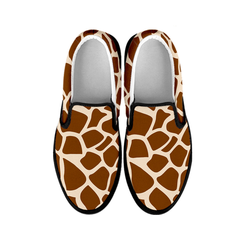 Brown Giraffe Pattern Print Black Slip On Sneakers