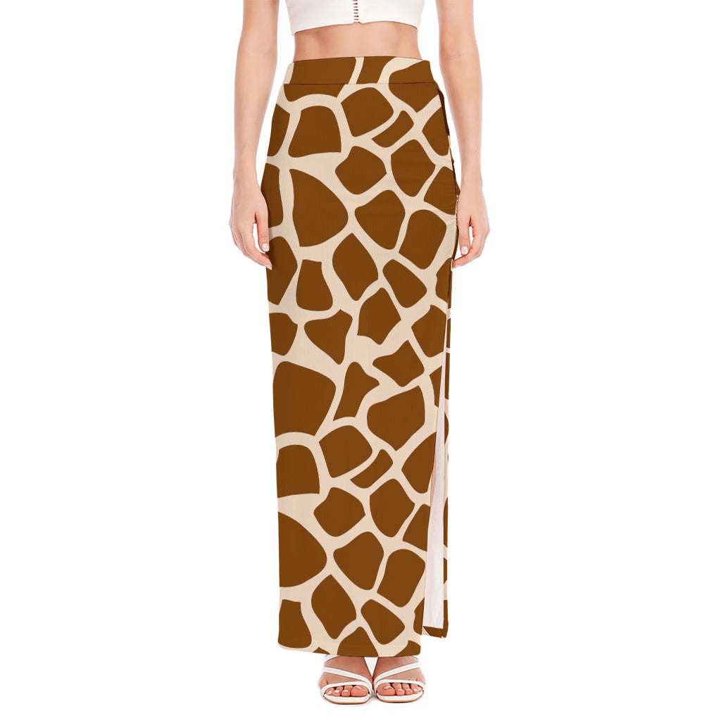 Brown Giraffe Pattern Print High Slit Maxi Skirt