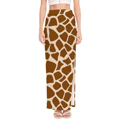 Brown Giraffe Pattern Print High Slit Maxi Skirt