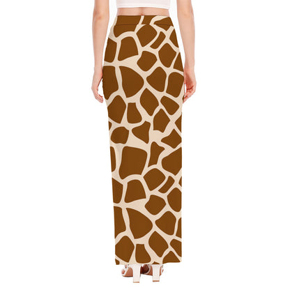 Brown Giraffe Pattern Print High Slit Maxi Skirt