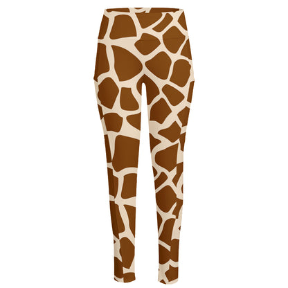 Brown Giraffe Pattern Print High-Waisted Pocket Leggings