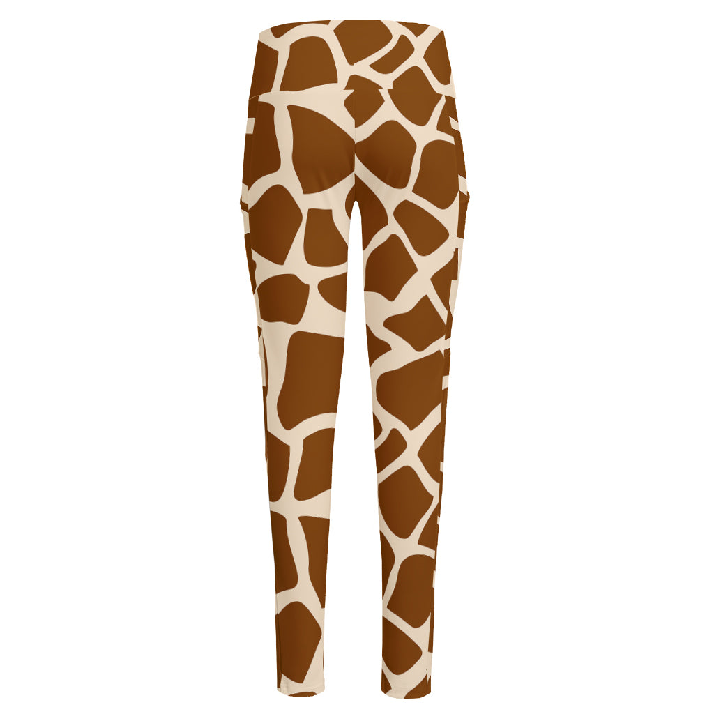 Brown Giraffe Pattern Print High-Waisted Pocket Leggings