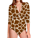 Brown Giraffe Pattern Print Long Sleeve Swimsuit