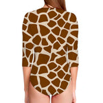 Brown Giraffe Pattern Print Long Sleeve Swimsuit