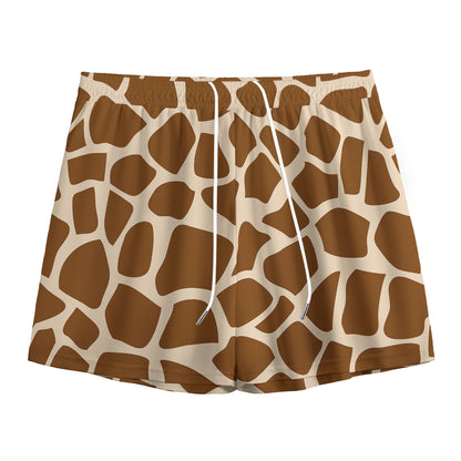 Brown Giraffe Pattern Print Mesh Shorts