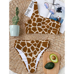 Brown Giraffe Pattern Print One Shoulder Bikini Top