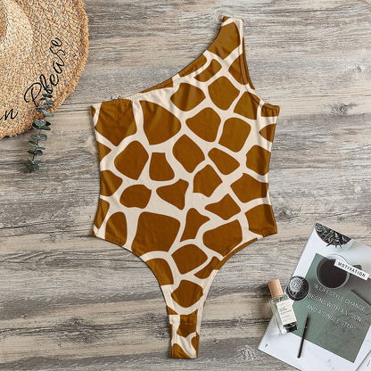 Brown Giraffe Pattern Print One Shoulder Bodysuit