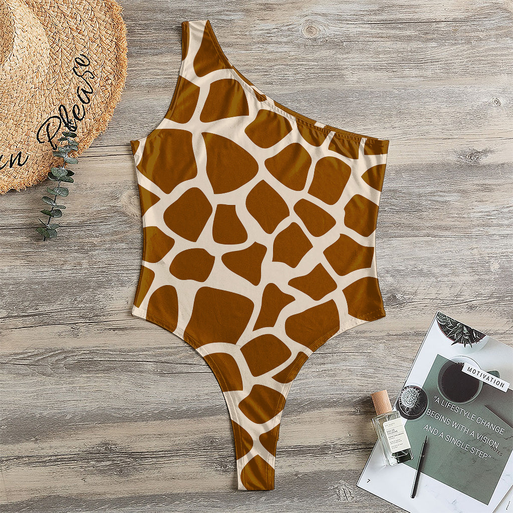 Brown Giraffe Pattern Print One Shoulder Bodysuit