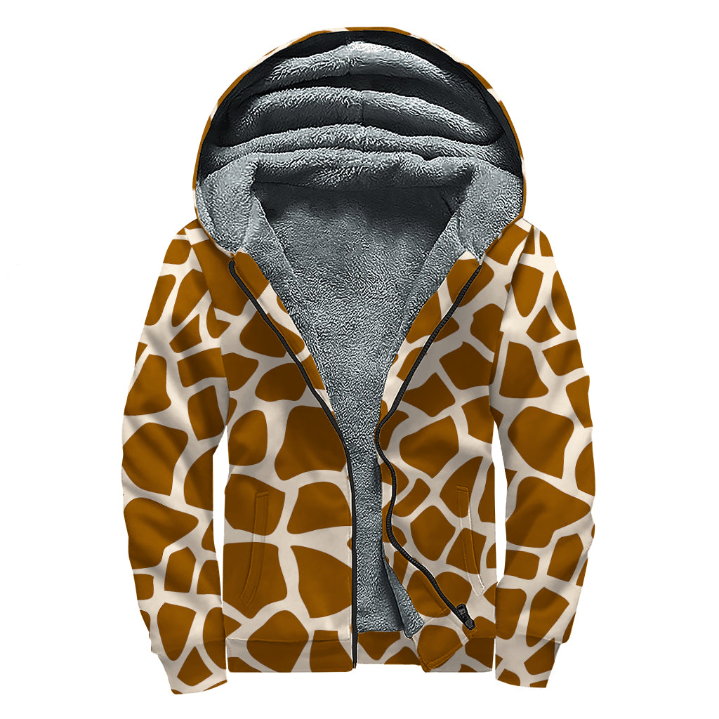 Brown Giraffe Pattern Print Sherpa Lined Zip Up Hoodie
