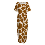 Brown Giraffe Pattern Print Short Sleeve Long Nightdress