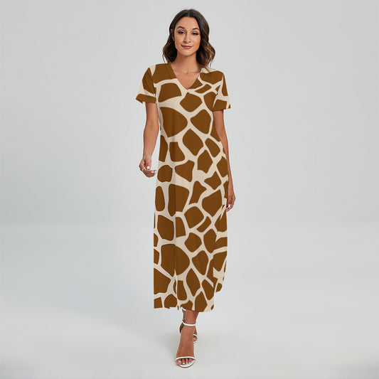 Brown Giraffe Pattern Print Short Sleeve Maxi Dress