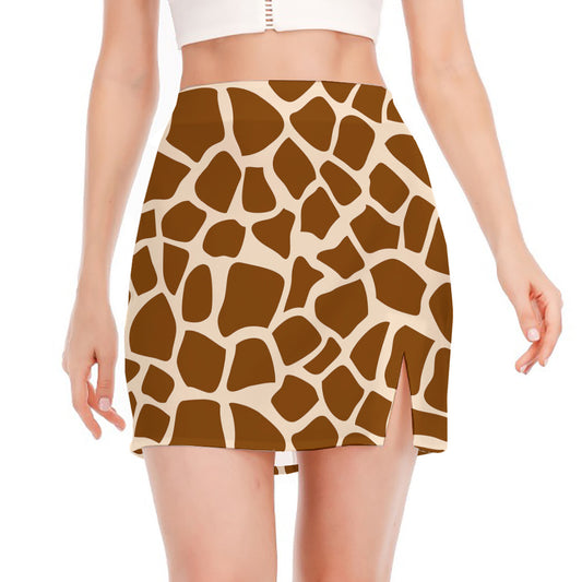 Brown Giraffe Pattern Print Side Slit Mini Skirt