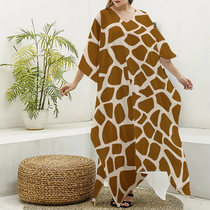 Brown Giraffe Pattern Print Silk V-Neck Kaftan Dress