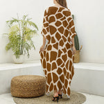 Brown Giraffe Pattern Print Silk V-Neck Kaftan Dress