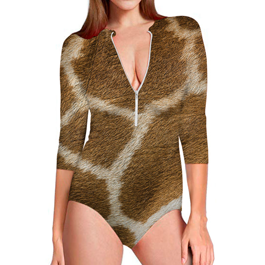 Brown Giraffe Print Long Sleeve Swimsuit