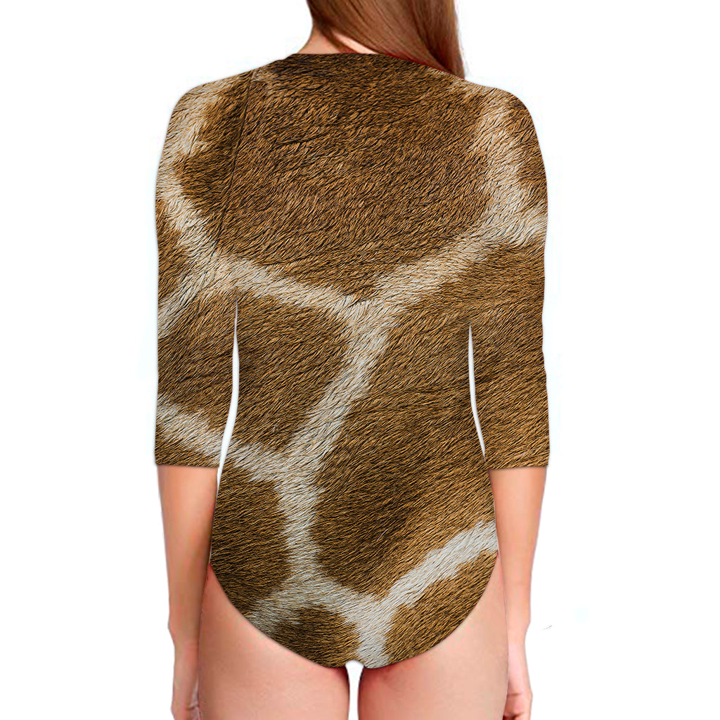 Brown Giraffe Print Long Sleeve Swimsuit