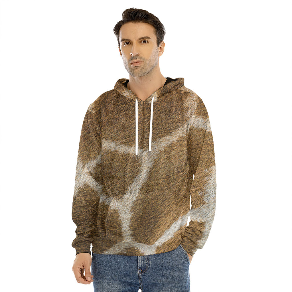 Brown Giraffe Print Men's Velvet Pullover Hoodie