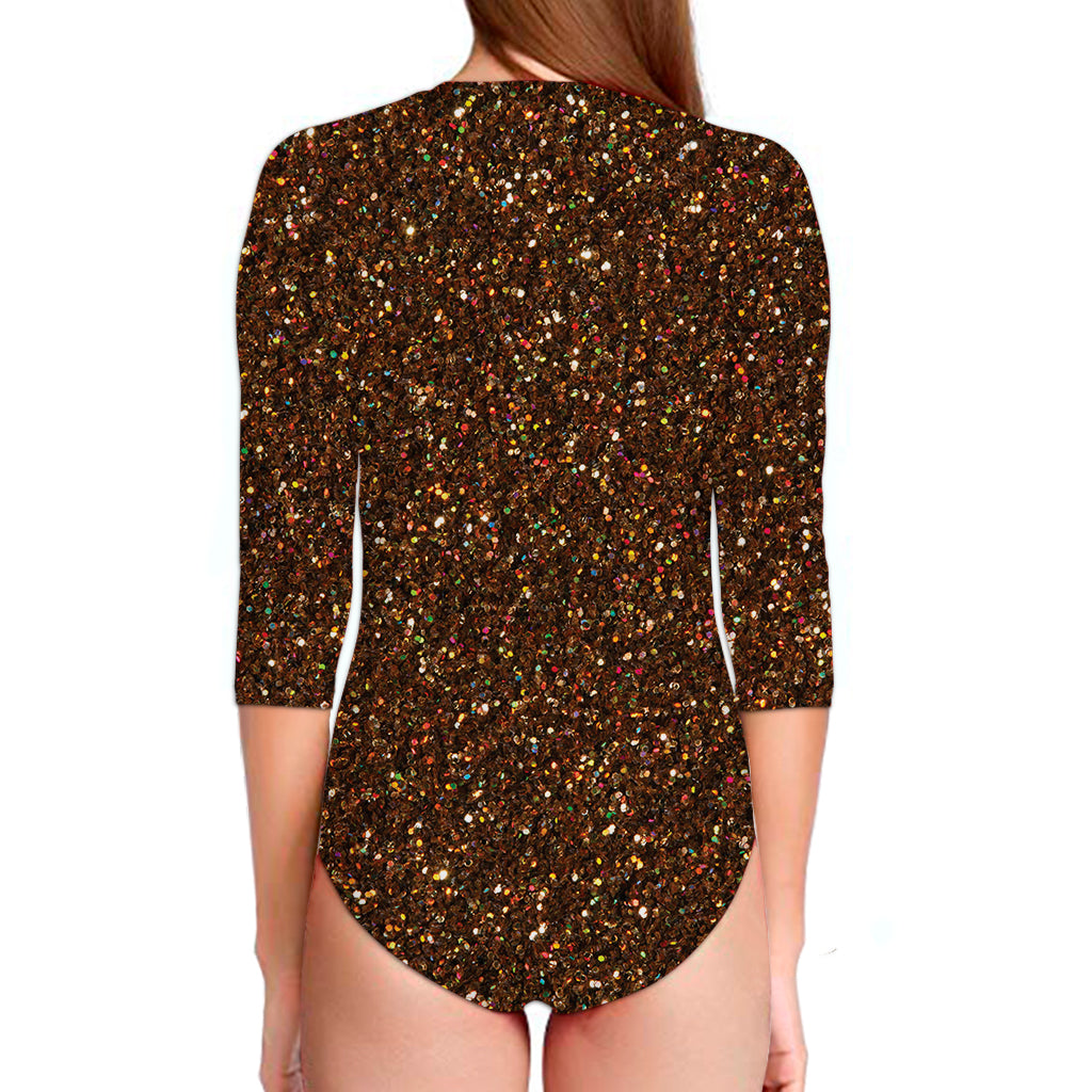 Brown Glitter Artwork Print (NOT Real Glitter) Long Sleeve Swimsuit