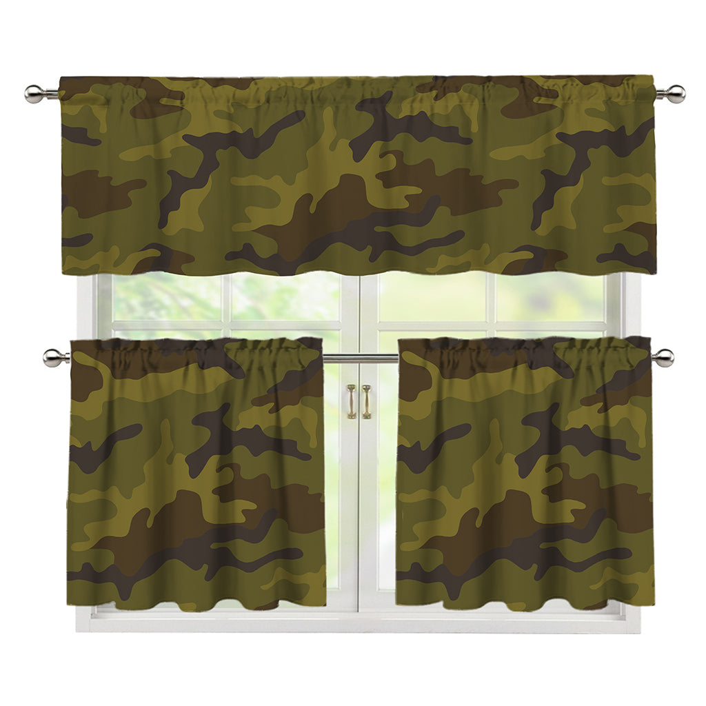 Brown Green Camouflage Print 3 Piece Kitchen Curtains