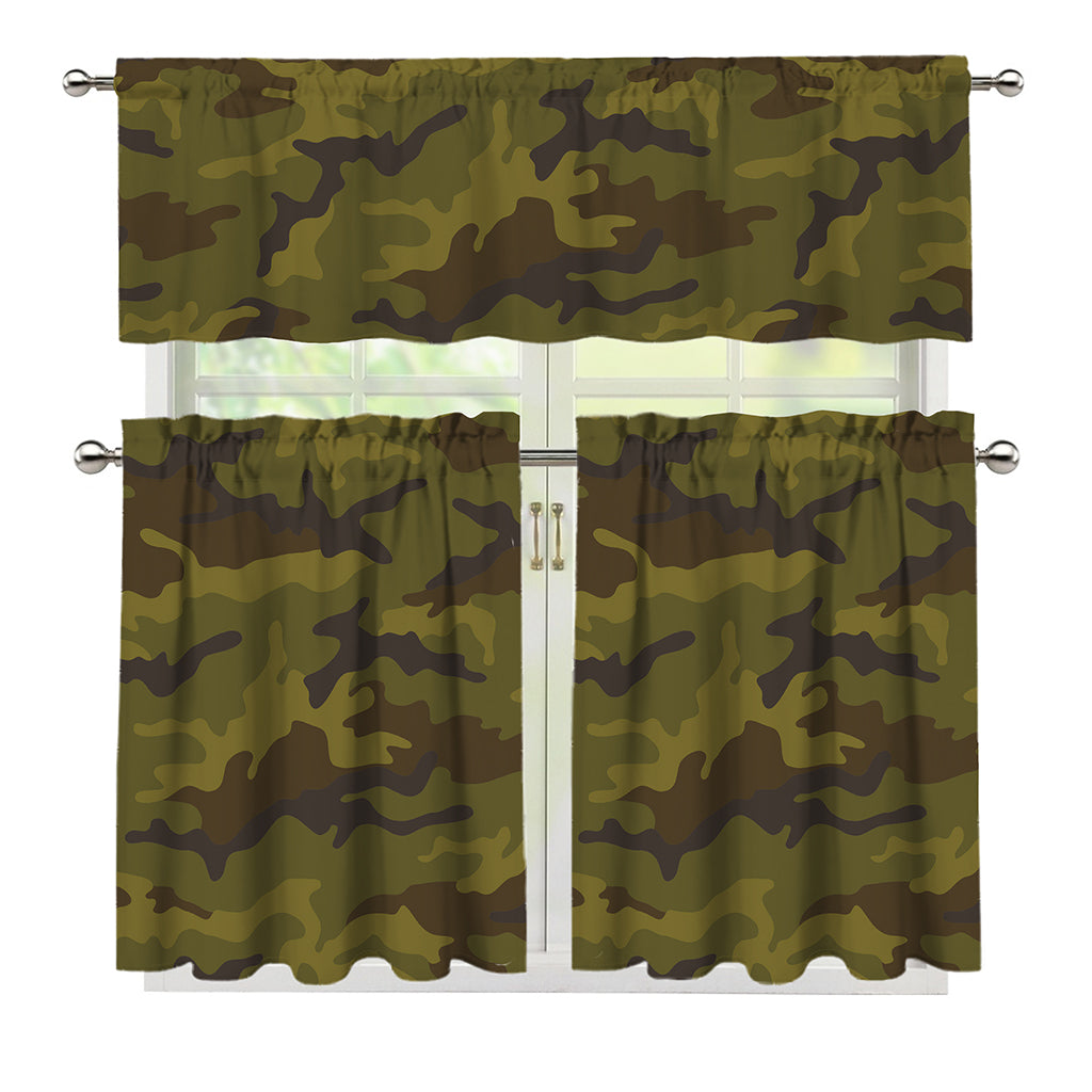 Brown Green Camouflage Print 3 Piece Kitchen Curtains