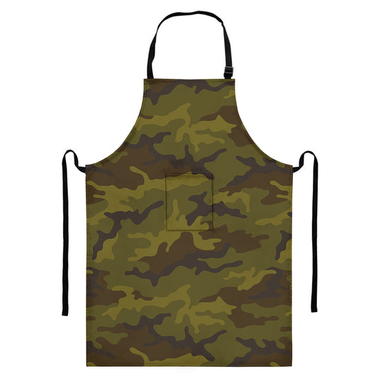 Brown Green Camouflage Print Bib Apron With Pocket