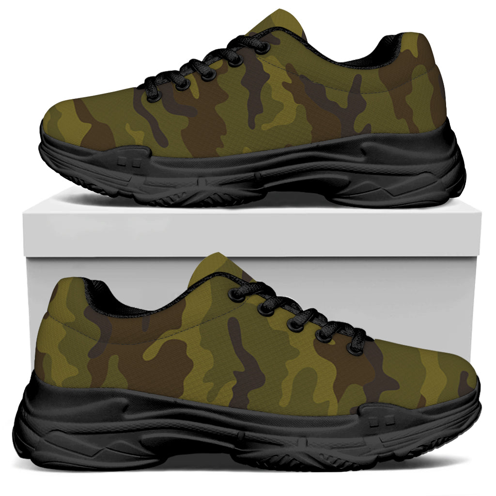 Brown Green Camouflage Print Black Chunky Shoes
