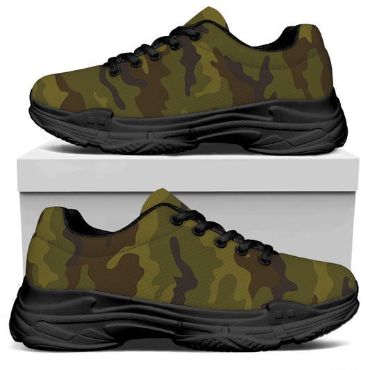 Brown Green Camouflage Print Black Chunky Shoes