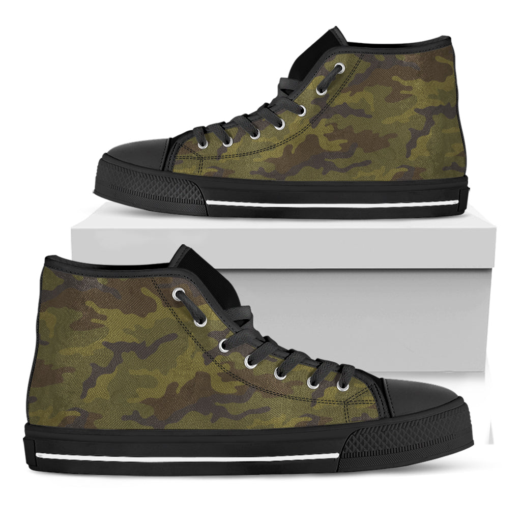 Brown Green Camouflage Print Black High Top Sneakers