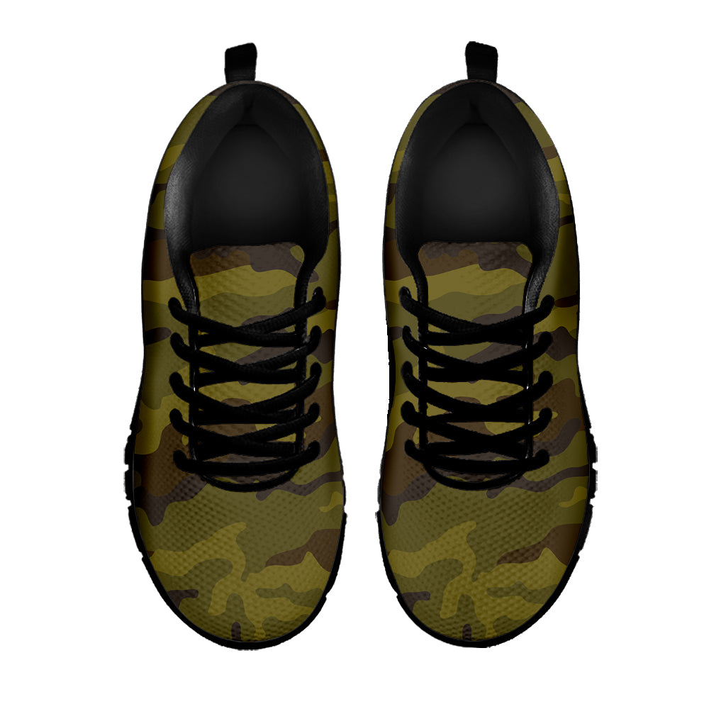 Brown Green Camouflage Print Black Running Shoes