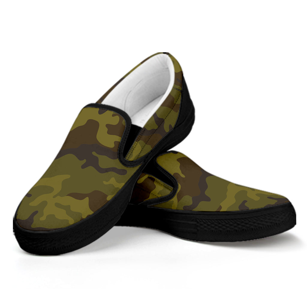 Brown Green Camouflage Print Black Slip On Sneakers