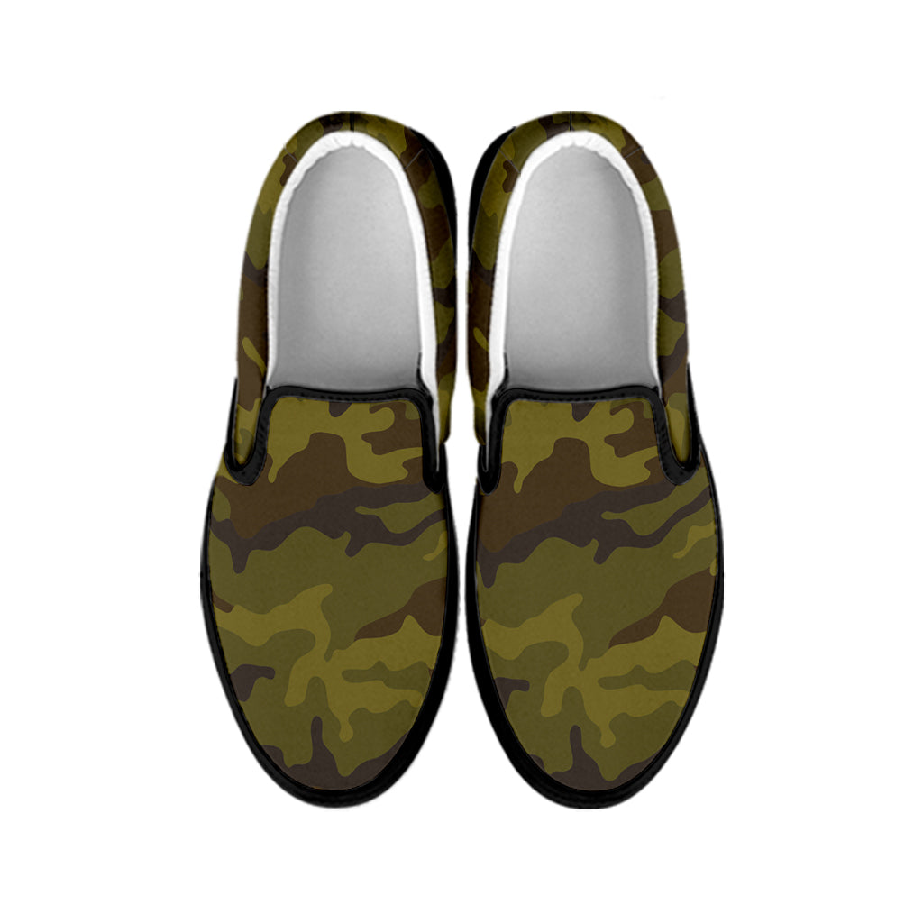 Brown Green Camouflage Print Black Slip On Sneakers