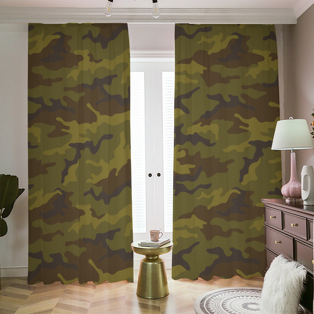 Brown Green Camouflage Print Blackout Pencil Pleat Curtains