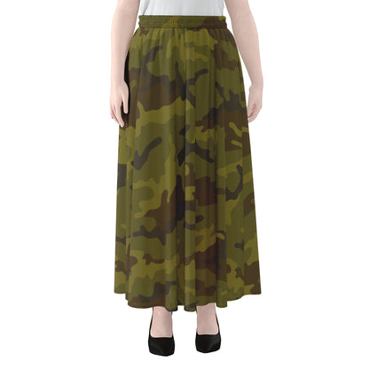 Brown Green Camouflage Print Chiffon Maxi Skirt
