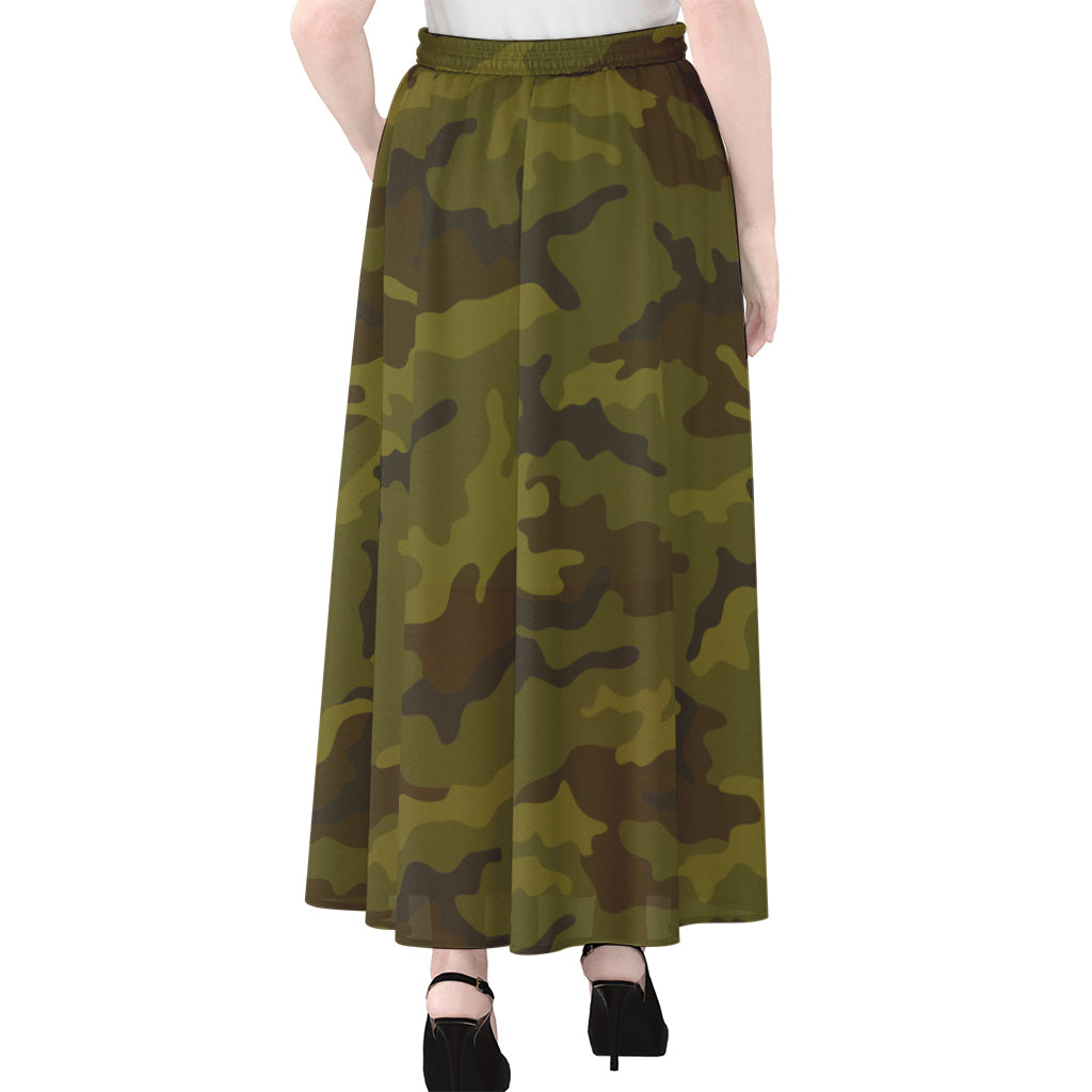 Brown Green Camouflage Print Chiffon Maxi Skirt