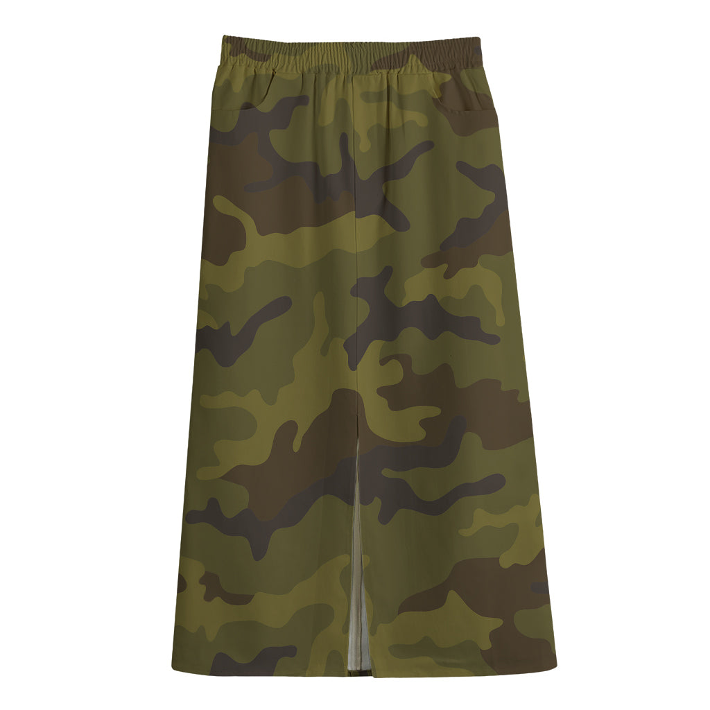 Brown Green Camouflage Print Cotton Front Slit Maxi Skirt