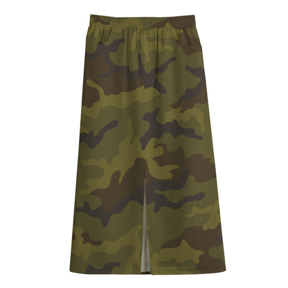 Brown Green Camouflage Print Cotton Front Slit Maxi Skirt