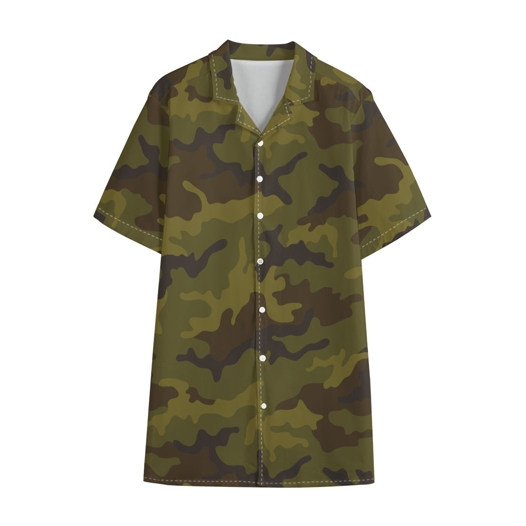 Brown Green Camouflage Print Cotton Hawaiian Shirt