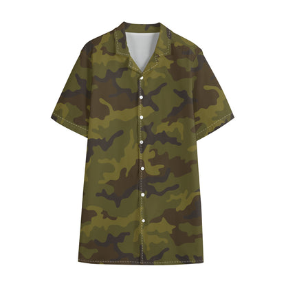 Brown Green Camouflage Print Cotton Hawaiian Shirt