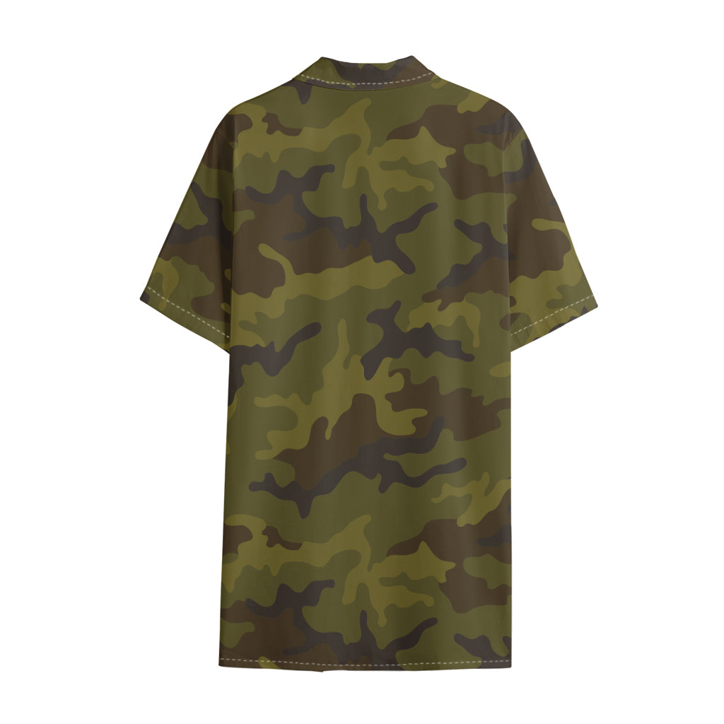 Brown Green Camouflage Print Cotton Hawaiian Shirt