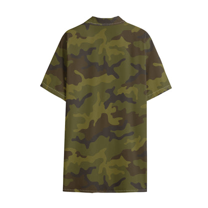Brown Green Camouflage Print Cotton Hawaiian Shirt