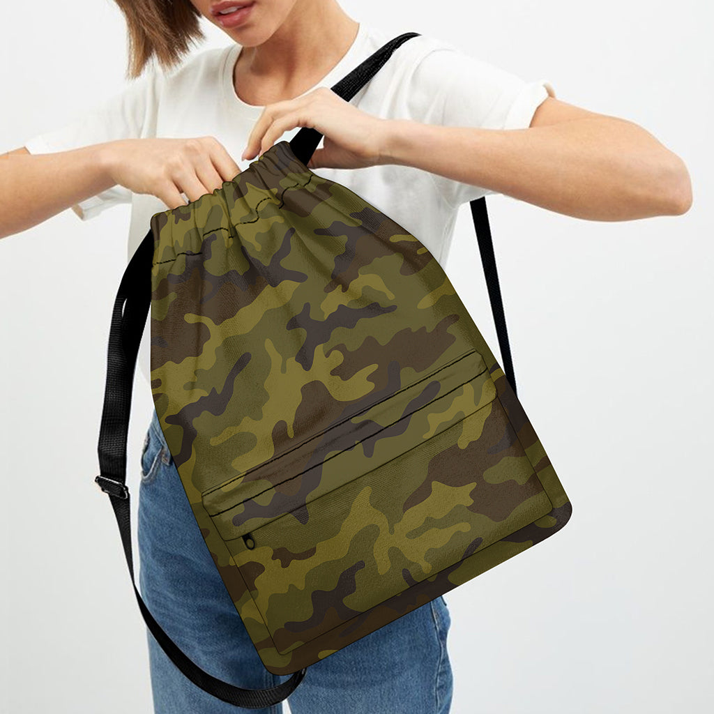 Brown Green Camouflage Print Drawstring Backpack