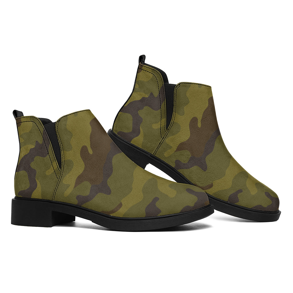 Brown Green Camouflage Print Flat Ankle Boots
