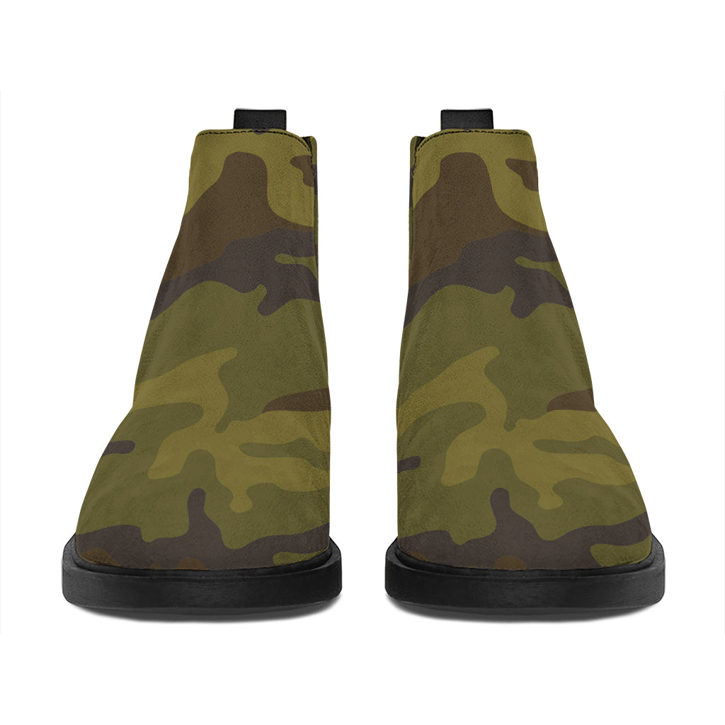 Brown Green Camouflage Print Flat Ankle Boots