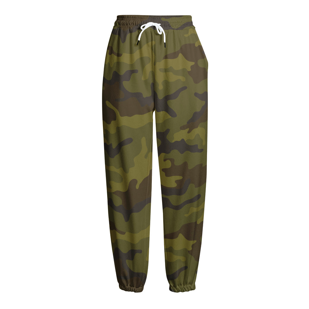 Brown Green Camouflage Print Fleece Lined Knit Pants