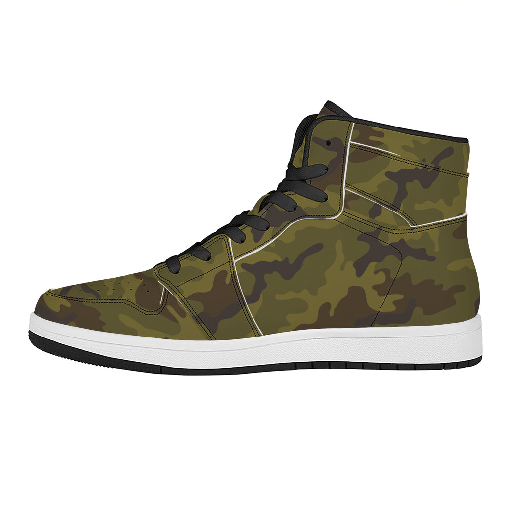 Brown Green Camouflage Print High Top Leather Sneakers
