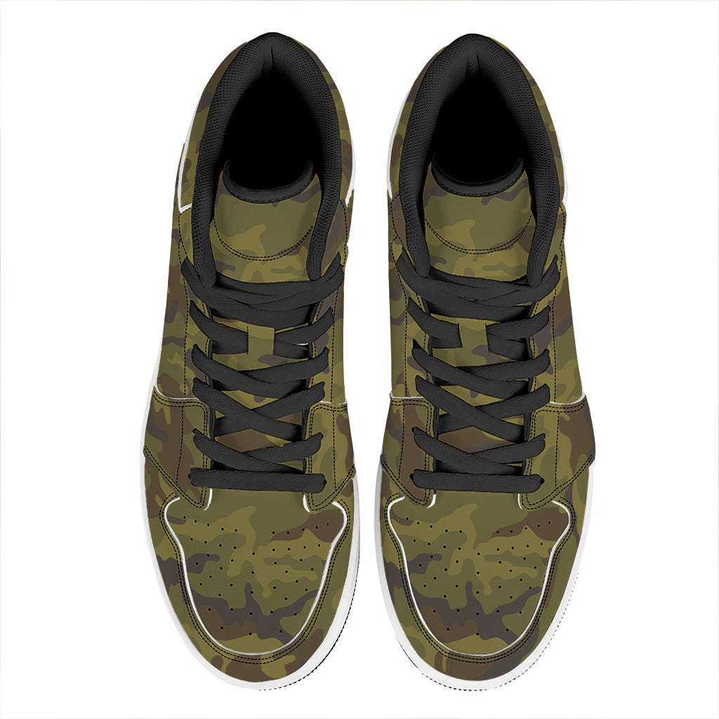 Brown Green Camouflage Print High Top Leather Sneakers
